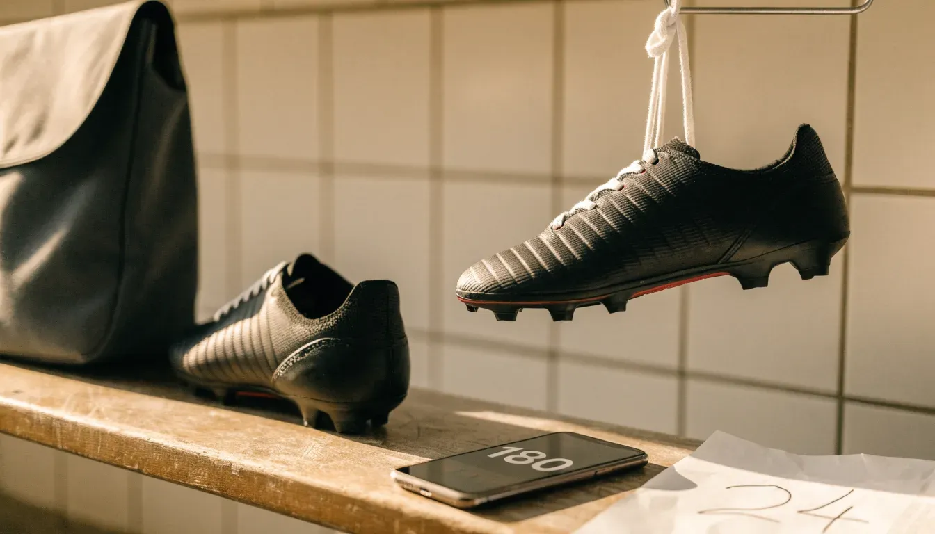 Ein Paar Fussballschuhe hängt an einem Haken in einer ruhigen Umkleide, darunter steht eine Sporttasche auf einer Holzbank.