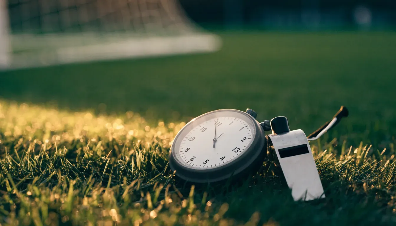 Eine Stoppuhr liegt neben einer Trillerpfeife auf einem Stück Rasen an der Seitenlinie eines Fussballfelds im Gegenlicht.