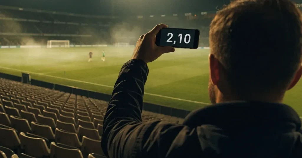 Ein Fussballspiel am Abend aus der Tribünenperspektive, die Spieler sind nur als kleine Figuren zu erkennen und das Flutlicht beleuchtet den nassen Rasen.