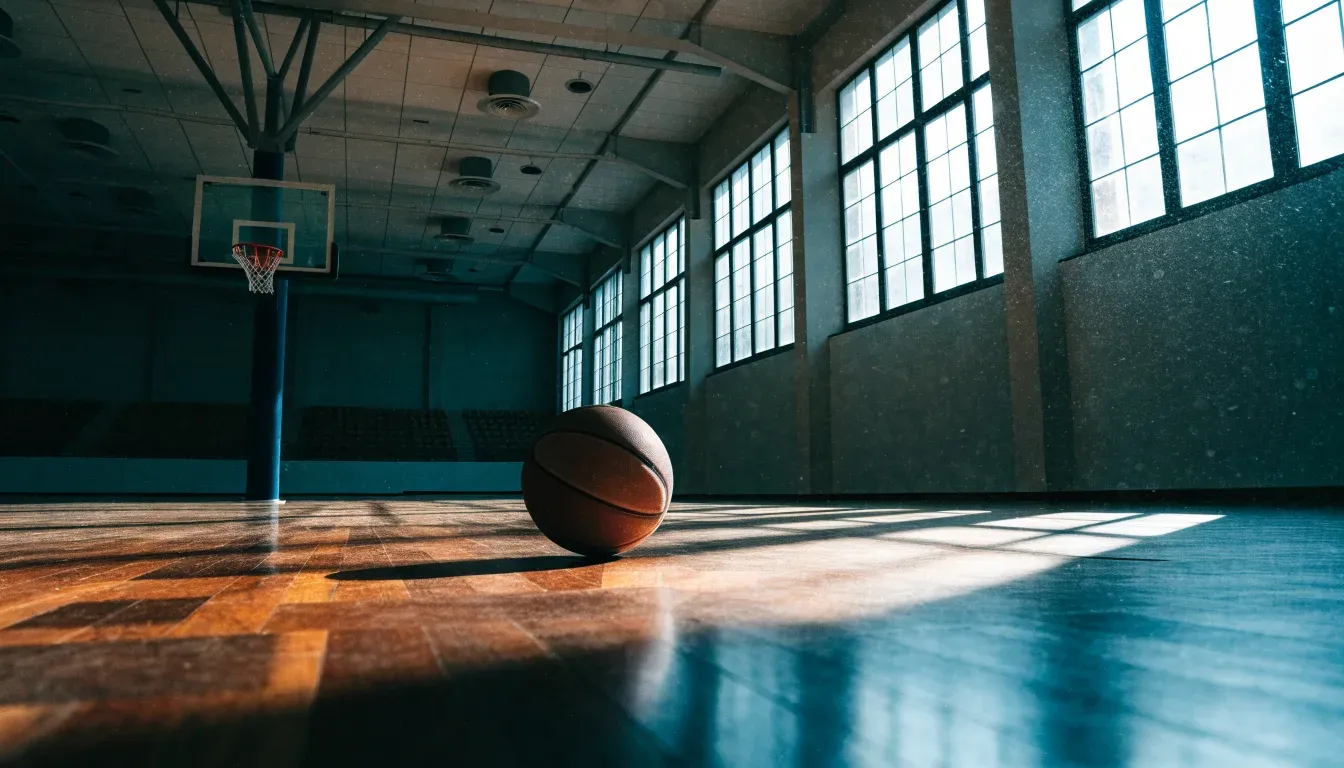 Ein Basketball liegt unter dem Korb in einer leeren Sporthalle, durch hohe Fenster fällt Tageslicht auf das Parkett.