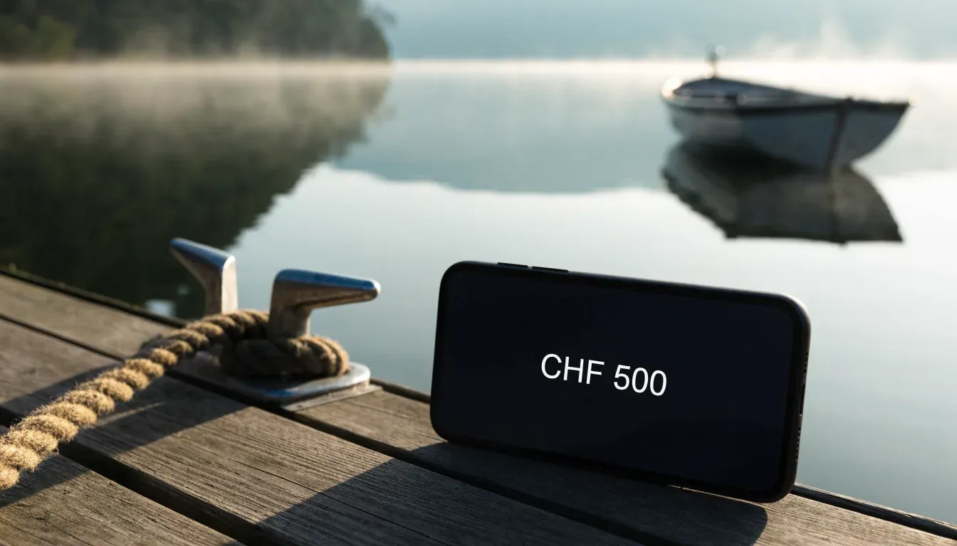 Ein Ruderboot liegt an einem Steg am Ufer eines Sees, über dem Wasser steigt dünner Nebel auf.