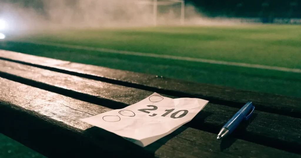 Ein Fernglas liegt auf einer leeren Holzbank an der Seitenlinie eines Fussballfelds, vom Rasen steigt Nebel auf.