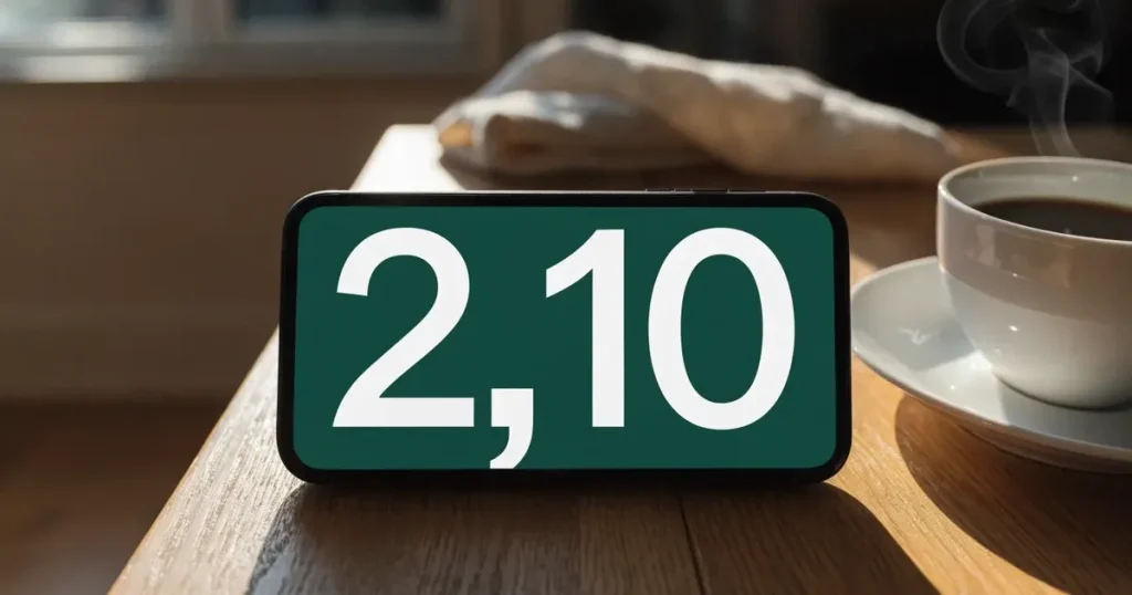 Ein Smartphone mit dunklem Display liegt auf einem Holztisch neben einer Kaffeetasse, durch das Fenster fällt warmes Abendlicht.