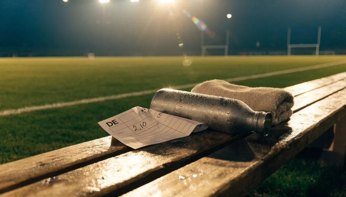 Eine Trinkflasche und ein Handtuch liegen auf einer Holzbank am leeren Spielfeldrand unter dem Licht der Flutlichter.