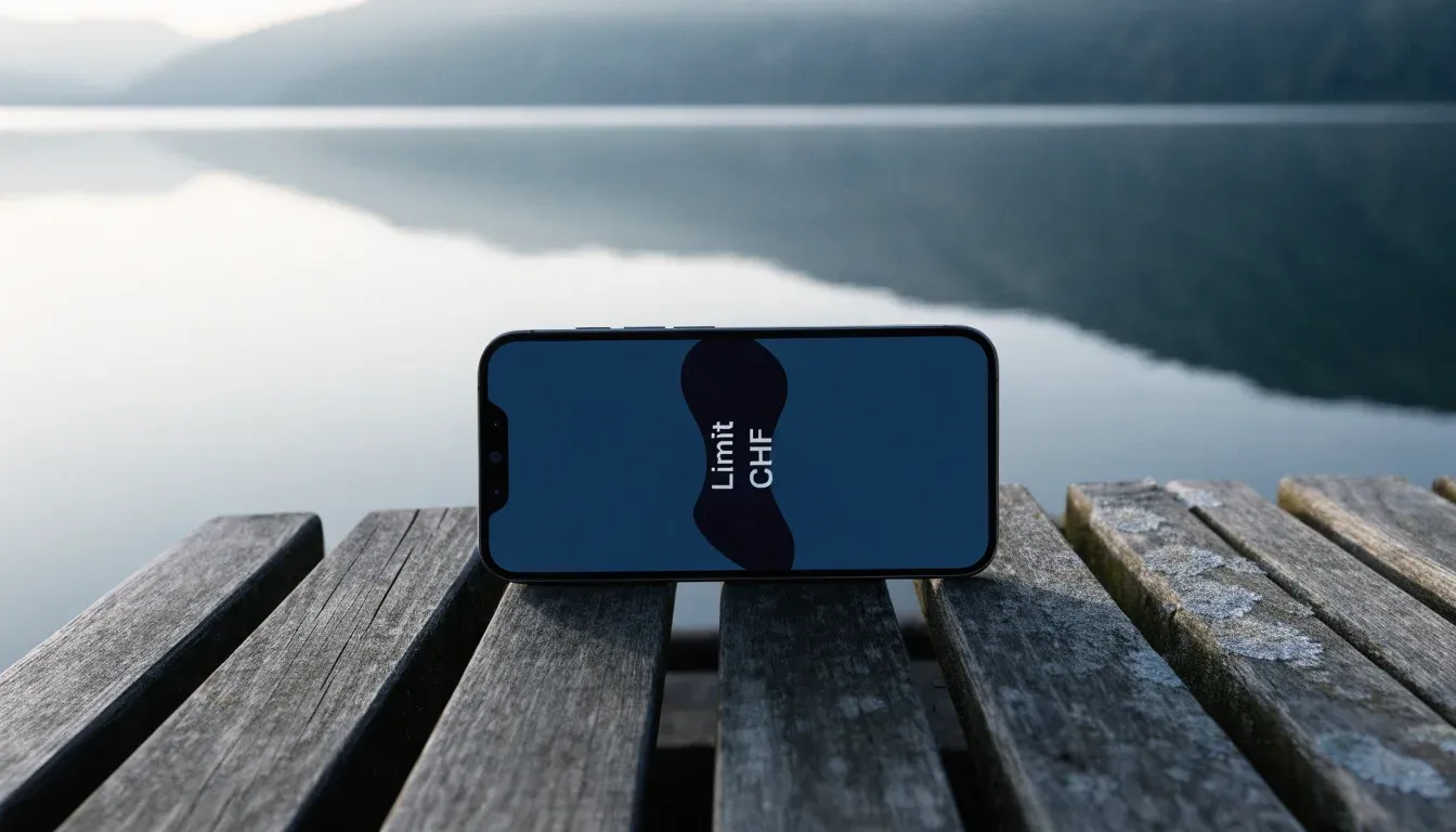 Eine Holzbank an einem Seeufer mit Blick auf eine Bergkette im Morgendunst, das Wasser ist spiegelglatt.