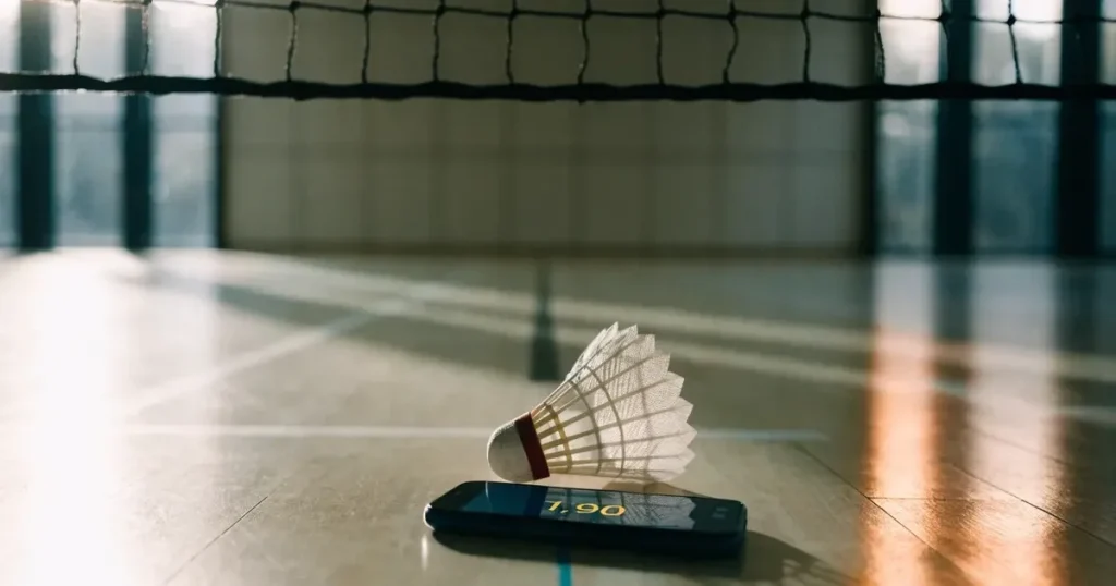 Ein Federball liegt auf dem Boden einer leeren Sporthalle, das Netz verschwimmt im Hintergrund, Licht fällt durch hohe Fenster.
