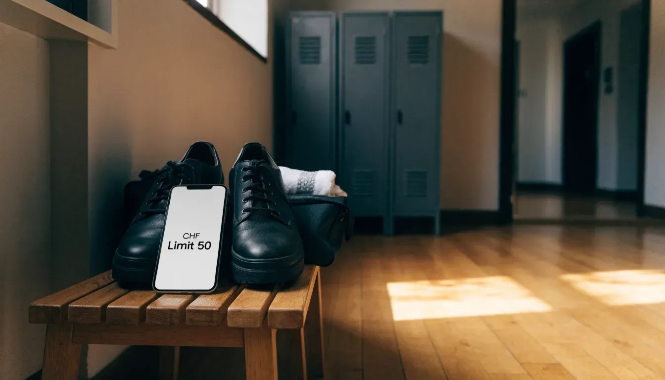 Ein Paar Hallenschuhe steht ordentlich neben einer Sporttasche auf einer Bank in einer leeren Garderobe, ein Fenster lässt Morgenlicht herein.