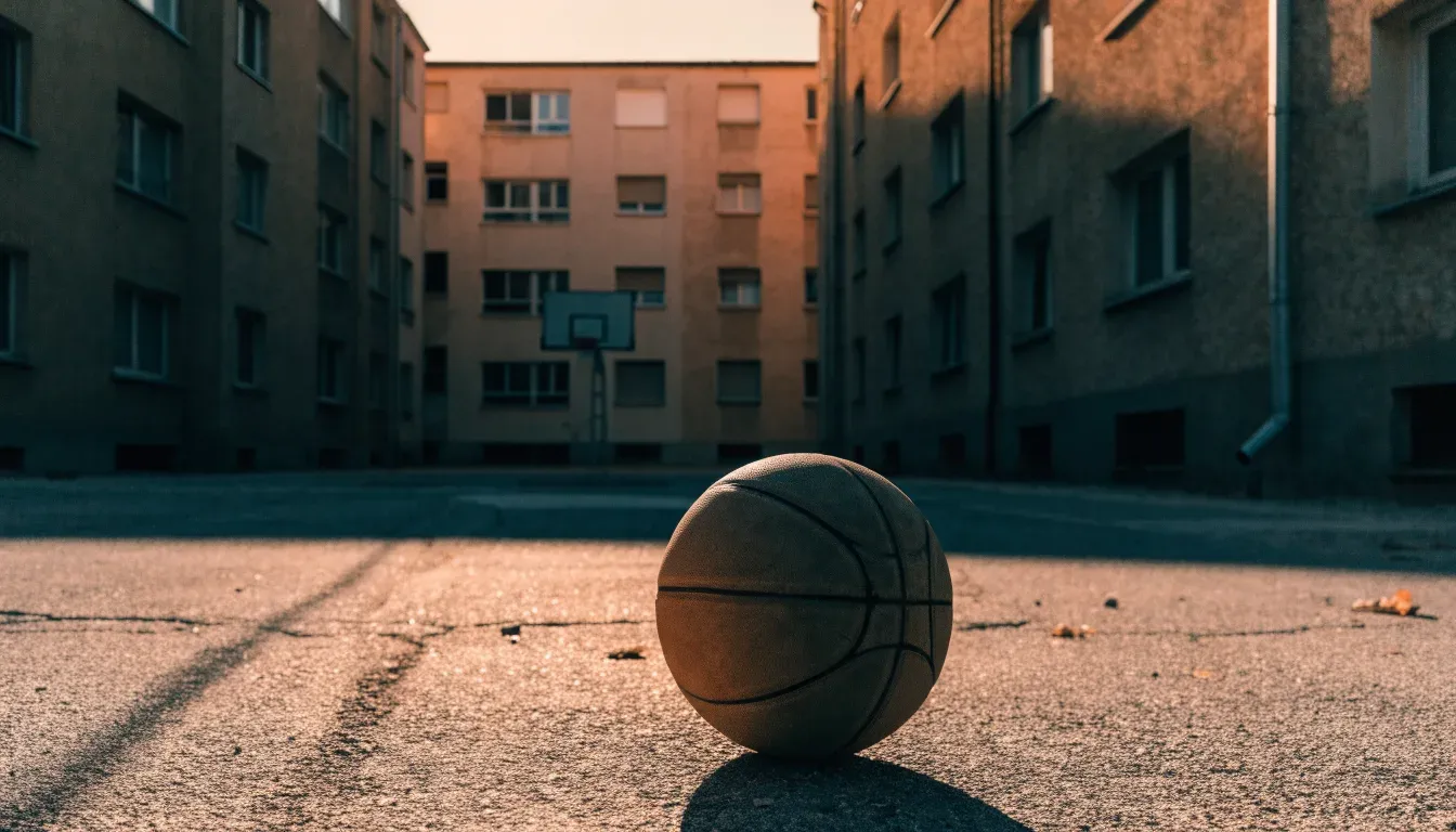 Ein Basketball liegt auf einem Asphaltplatz in einem Hinterhof zwischen Wohnblöcken, das Abendlicht färbt die Wände warm.