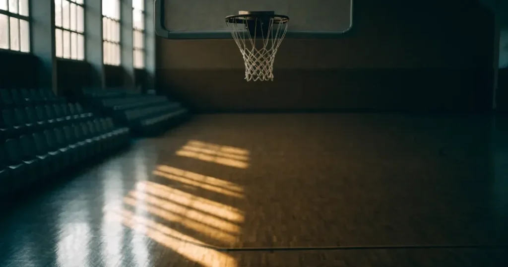 Ein Basketballkorb mit Netz in einer leeren Halle, Licht fällt von hohen Fenstern auf den glänzenden Parkettboden.