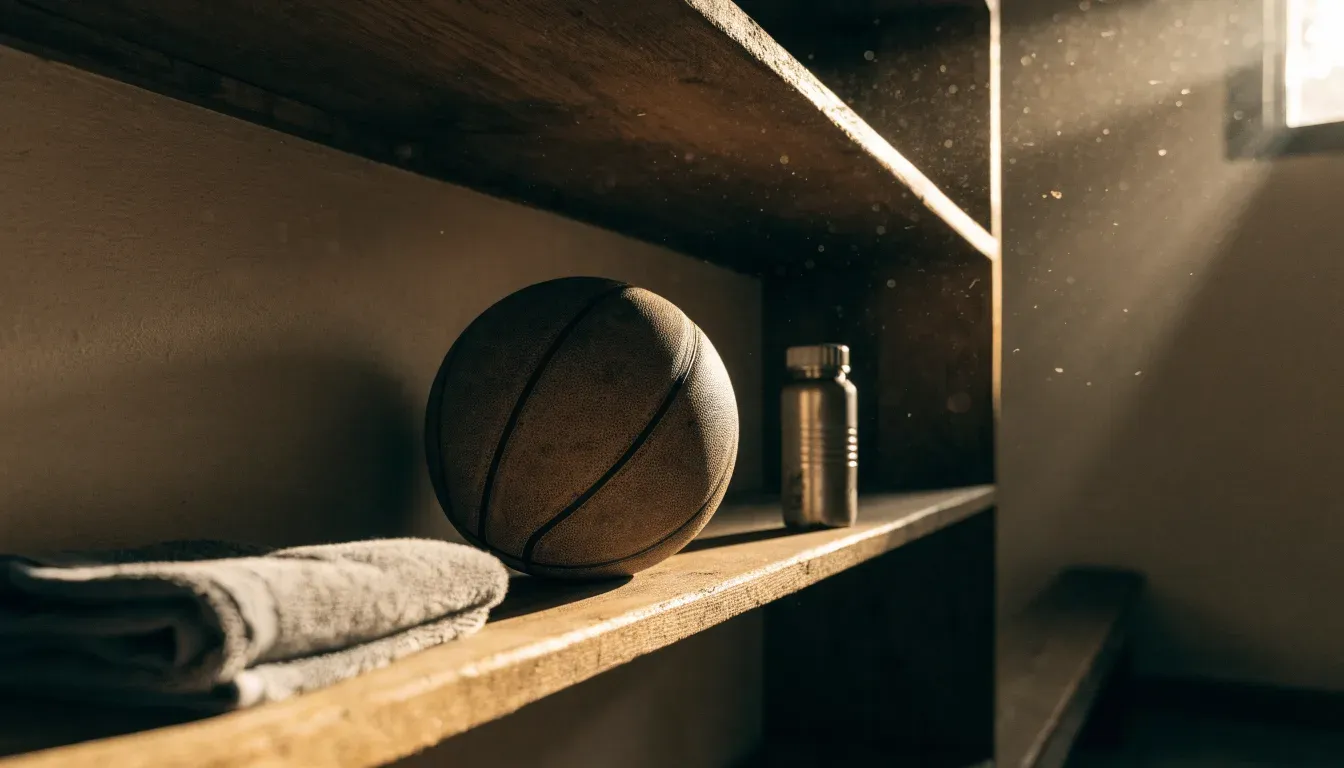 Ein abgenutzter Lederball liegt auf einem Holzregal in einem Vereinsraum, ein Sonnenstrahl macht den Staub sichtbar.