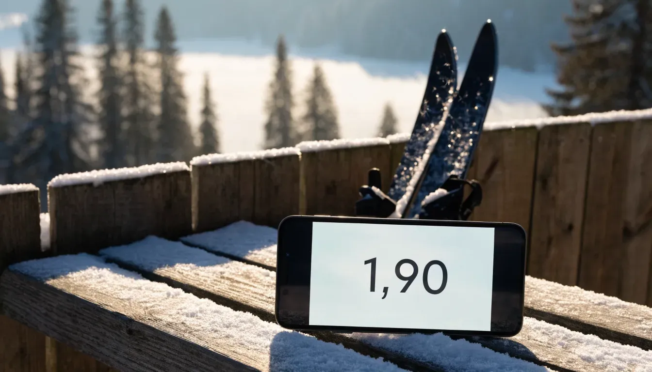 Ein Paar Langlaufskier steckt aufrecht im Schnee neben einem Holzzaun, die Sonne glitzert auf Eiskristallen.