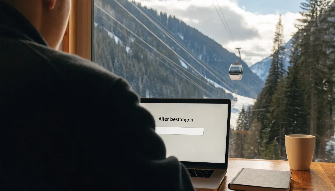 Eine Seilbahnkabine schwebt über einem verschneiten Tal, die Sonne bricht durch die Wolken und beleuchtet die Hänge.