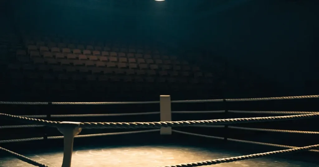 Ein leerer Boxring mit gespannten Seilen unter hellem Hallenlicht, dahinter ansteigende Zuschauerränge in einer grossen dunklen Halle