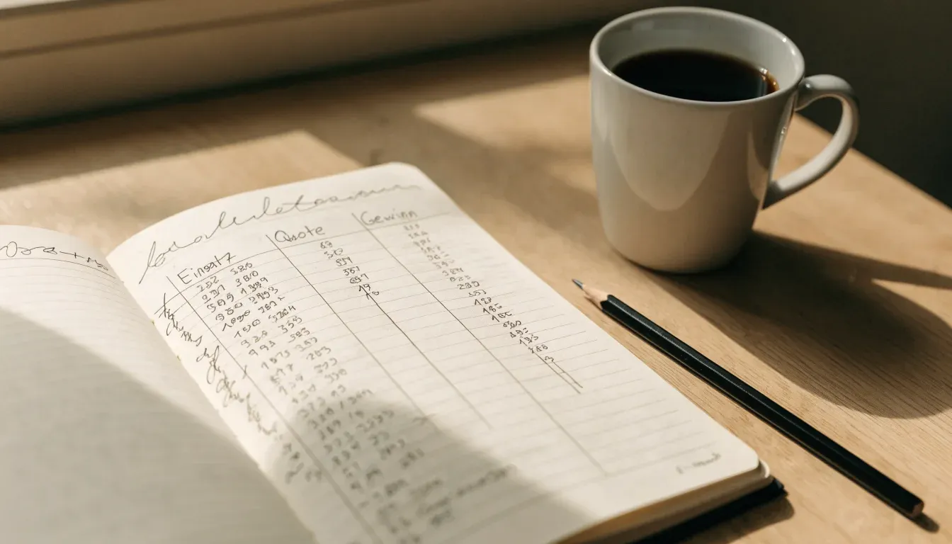 Ein aufgeschlagenes Notizbuch mit handgeschriebenen Spalten und ein Bleistift neben einer Tasse Kaffee auf einem Holztisch am Morgen