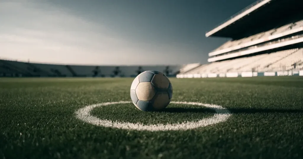 Ein Fussball liegt auf dem Anstosspunkt eines frisch gemähten Rasens, dahinter eine grosse Tribüne unter bewölktem Himmel