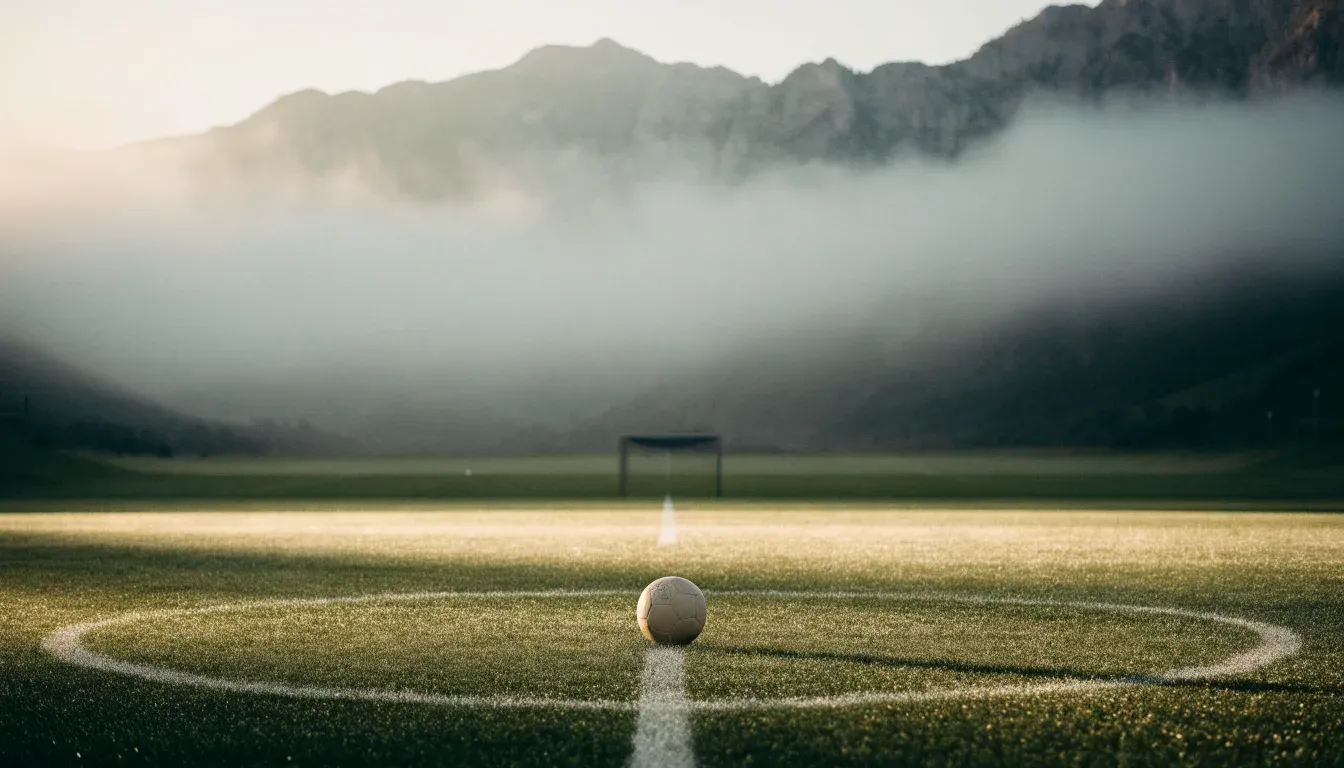 Ein einzelner Fussball auf dem Mittelpunkt eines leeren Rasens im Morgennebel, hinter dem Tor ragen Berge auf