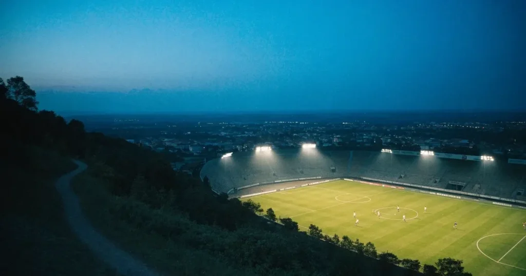 Ein Fussballstadion bei Flutlicht von einer Anhöhe aus gesehen, der Rasen leuchtet grün unter dunklem Abendhimmel