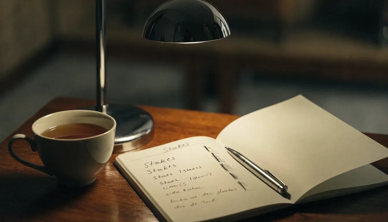 Ein Notizbuch mit handschriftlichen Einträgen und eine Tasse Tee stehen auf einem Tisch neben einer Stehlampe
