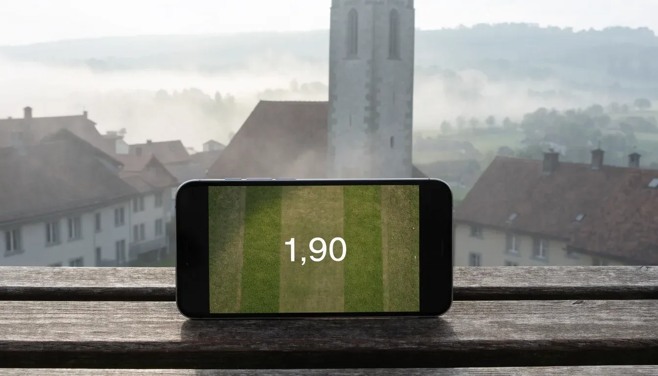 Ein Smartphone mit dunklem Display liegt auf einer Parkbank, dahinter ein Schweizer Dorf mit Kirchturm im Dunst