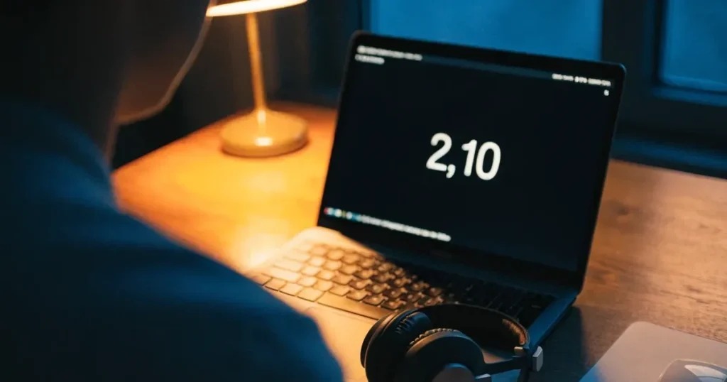 Ein Headset und eine Computermaus liegen auf einem Holzschreibtisch neben einer Tischlampe, draussen ist es Abend