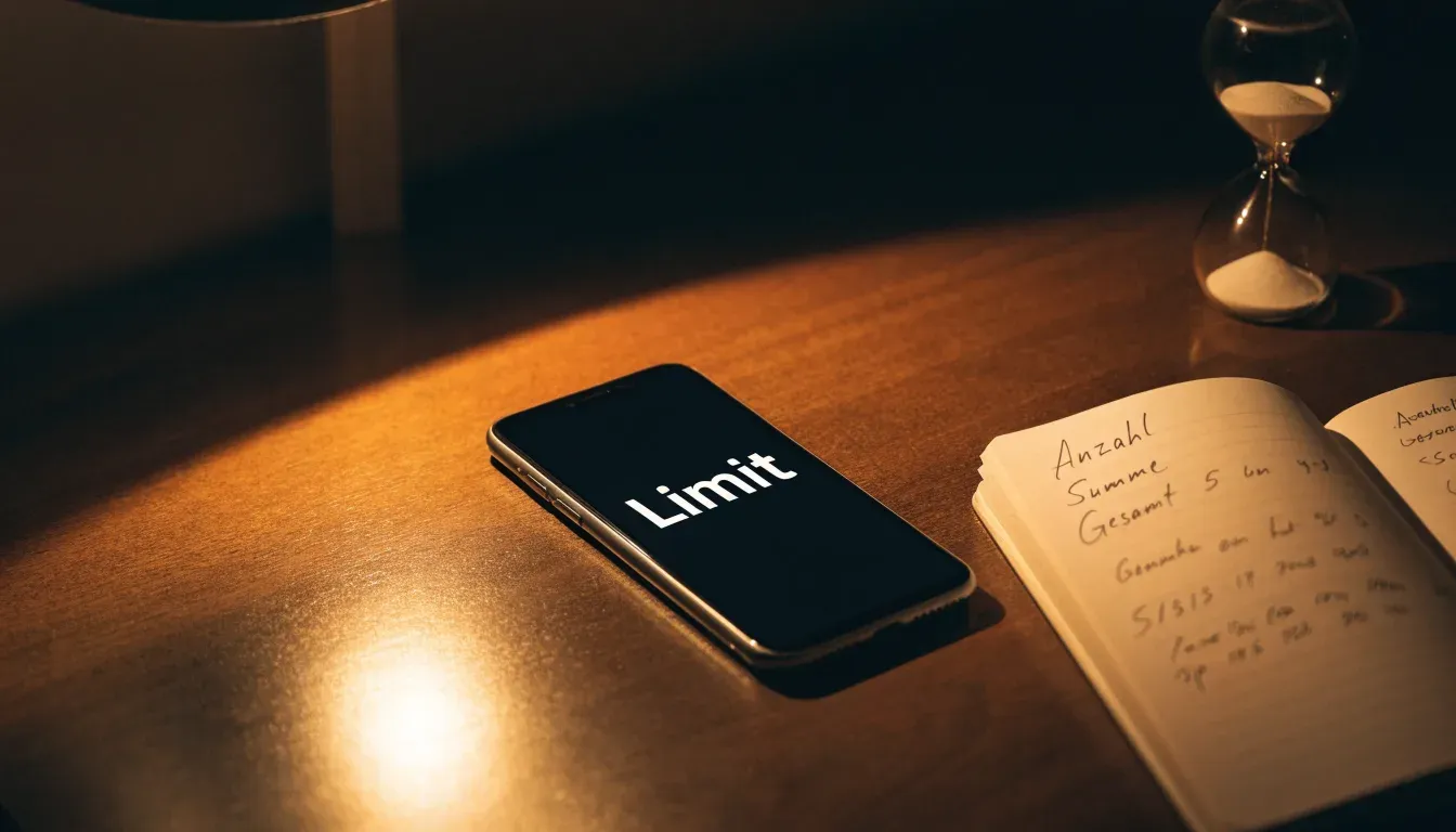 Eine Sanduhr steht auf einem Schreibtisch neben einem Notizbuch mit handschriftlichen Einträgen im Licht einer Lampe