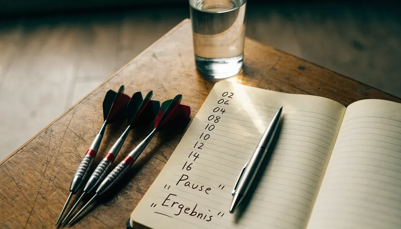 Drei Dartpfeile liegen auf einer Holzfläche neben einem Notizblock mit handschriftlichen Zahlen und einem Glas Wasser