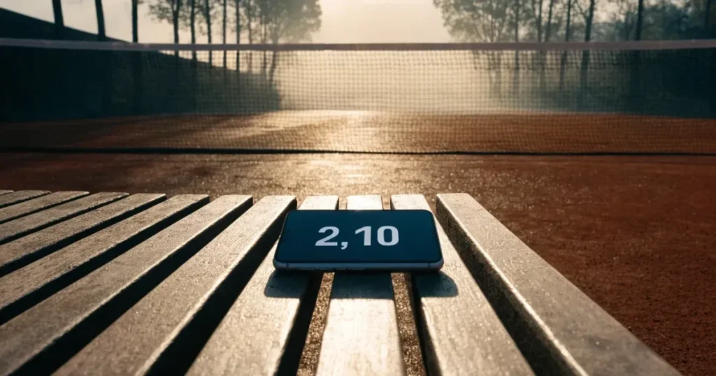 Ein Tennisplatz aus Sand bei Sonnenaufgang mit gespanntem Netz, Nebel zwischen den Bäumen am Rand