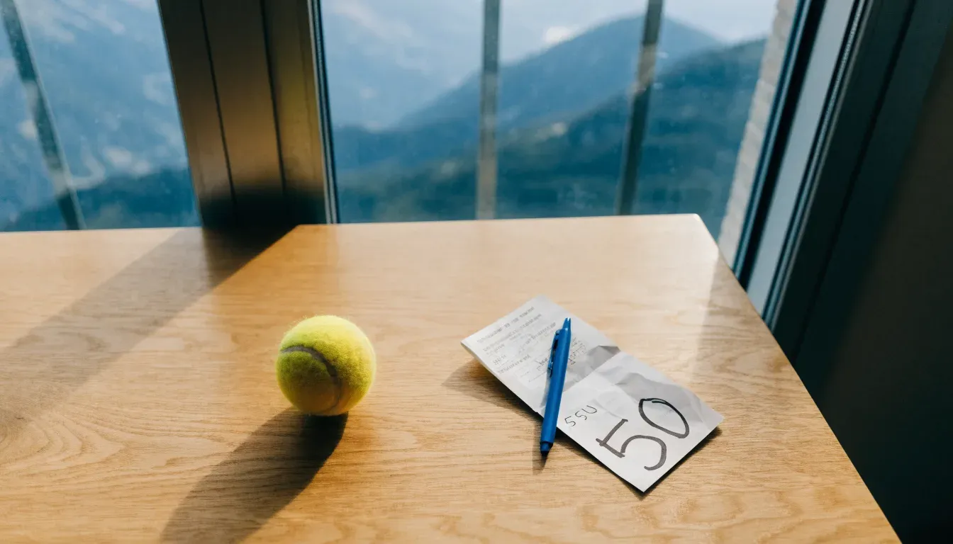 Ein einzelner gelber Tennisball liegt auf einem Holztisch vor einem Fenster mit Alpenblick