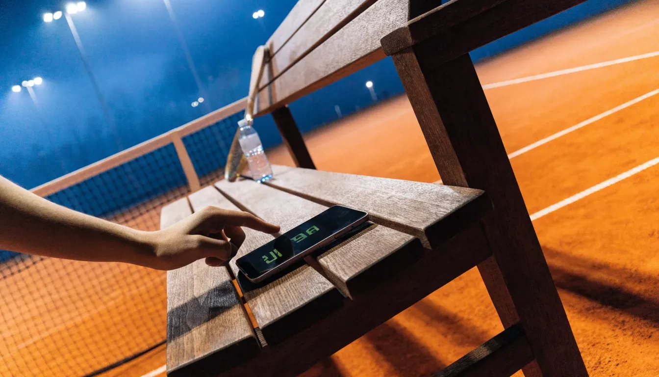 Ein Tennisschläger lehnt an einer Bank neben einer Wasserflasche, am Abend ruht der Platz im Flutlicht, aus der Ferne gesehen