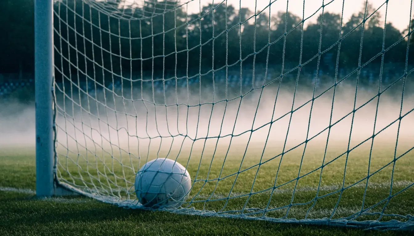Ein Fussball liegt im Netz hinter einem Tor, weicher Morgennebel hängt über dem Rasen