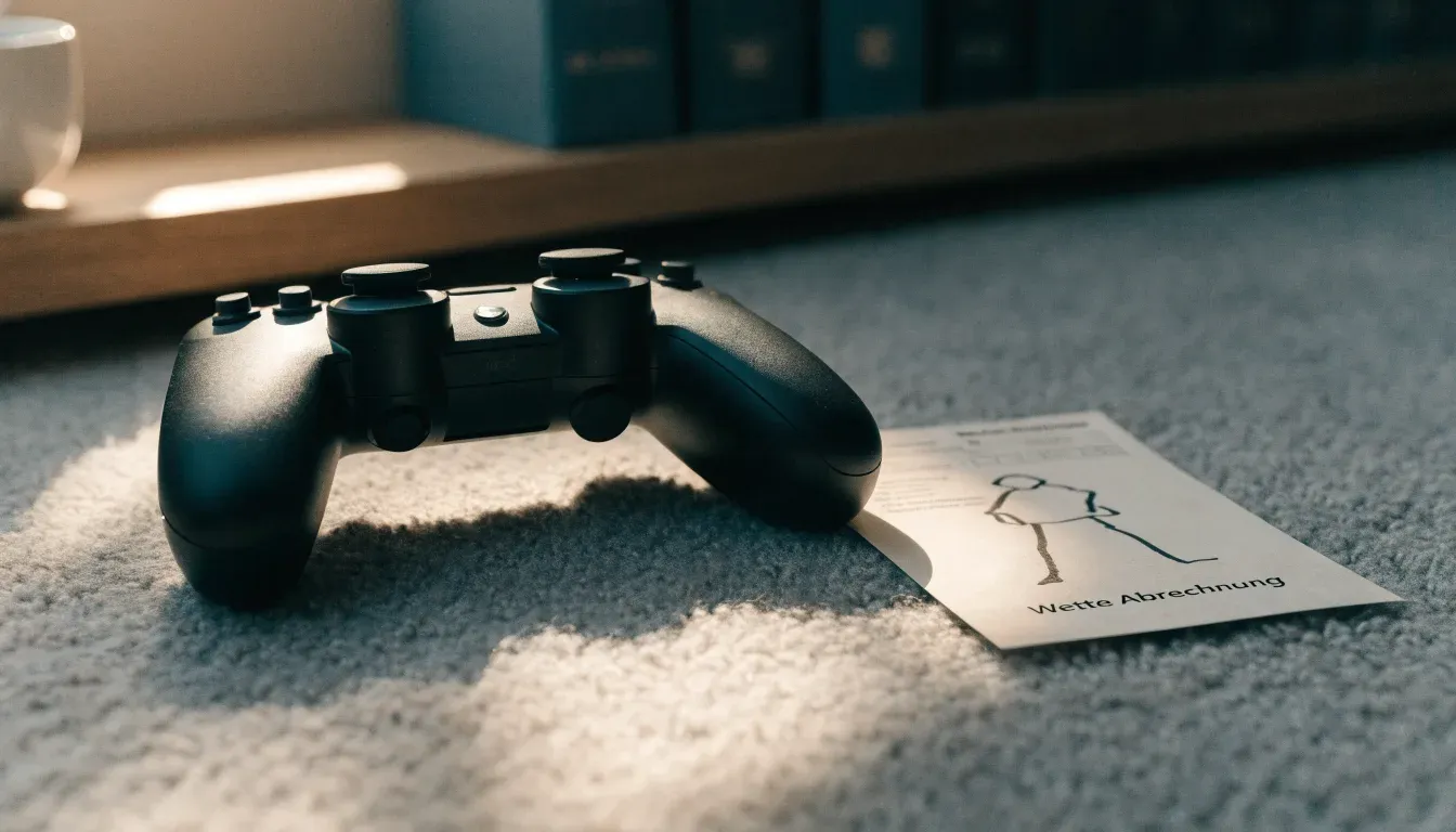 Ein Spielcontroller liegt auf einem Teppich neben einer Tasse, im Hintergrund ein Regal mit Büchern