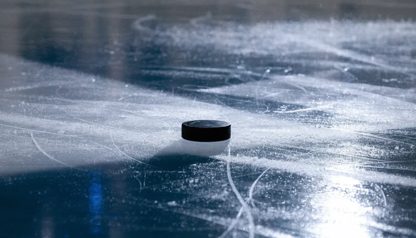 Ein Eishockeypuck liegt auf einer Eisfläche mit Kratzspuren, Nahaufnahme mit kühlen Reflexen