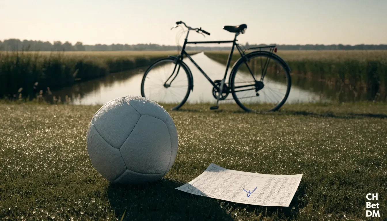 Ein Fussball liegt auf einer Wiese neben einem Fahrrad, im Hintergrund ein Kanal im Morgenlicht