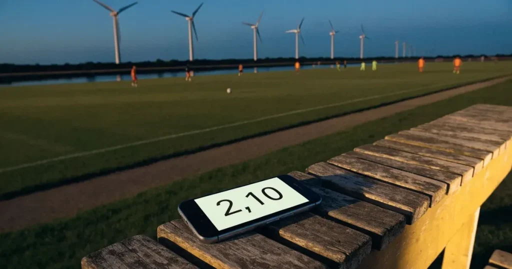 Ein Fussballplatz neben einem Kanal in flachem Land mit Windrädern am Horizont, Abendlicht liegt über dem Rasen