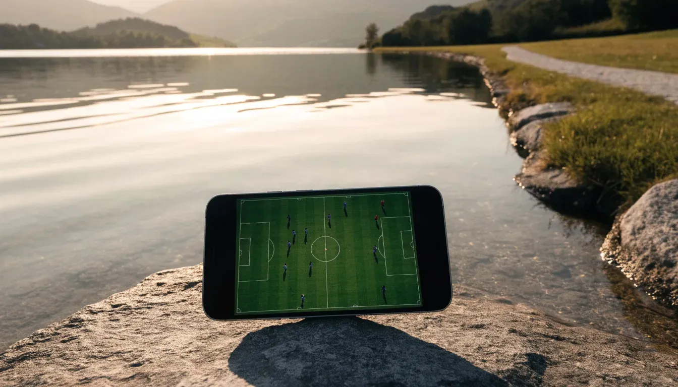 Ein schmaler Wanderweg führt am Seeufer entlang, auf einem Stein liegt ein Smartphone mit dunklem Display
