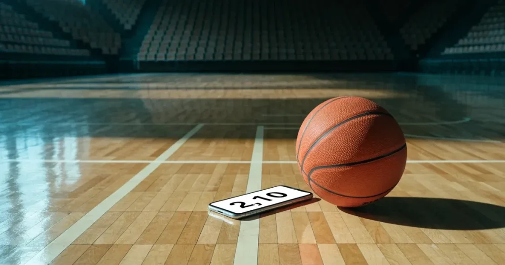 Ein Basketball liegt auf dem hellen Parkett einer leeren Halle, im Hintergrund steigen die Tribünenreihen im Halbdunkel an.
