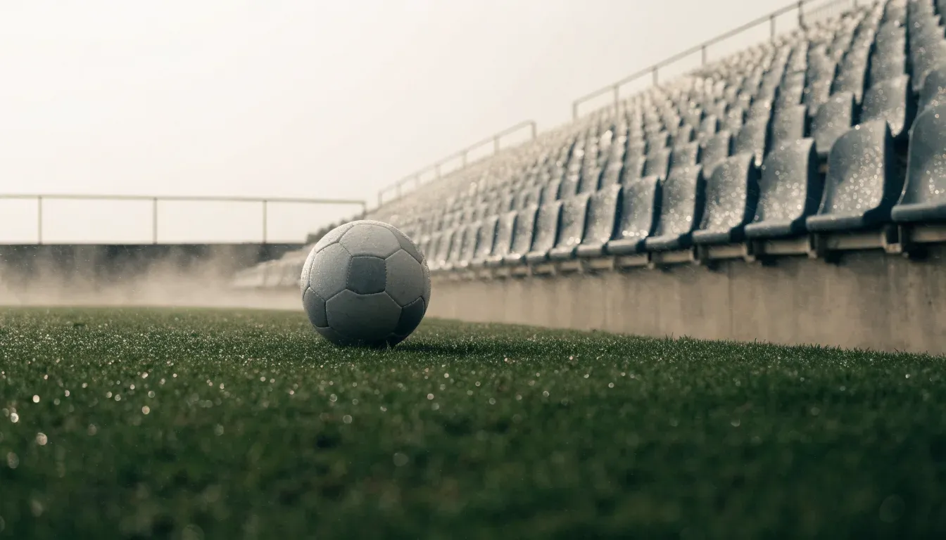 Ein Fussball liegt auf dem Anstosspunkt eines nassen Rasens, dahinter eine leere Tribüne unter grauem Himmel.