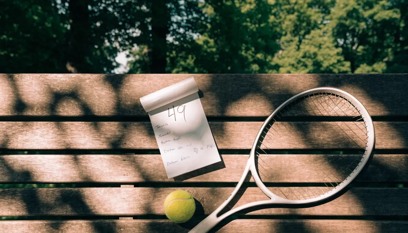 Ein Tennisball und ein Schläger ruhen auf einer Holzbank am Spielfeldrand, im Hintergrund hohe Bäume im Sommerlicht.