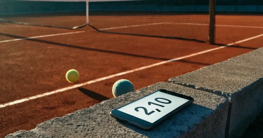Ein Tennisplatz aus rotem Sand liegt im ersten Licht des Morgens, das Netz hängt still und die Linien sind frisch gezogen.