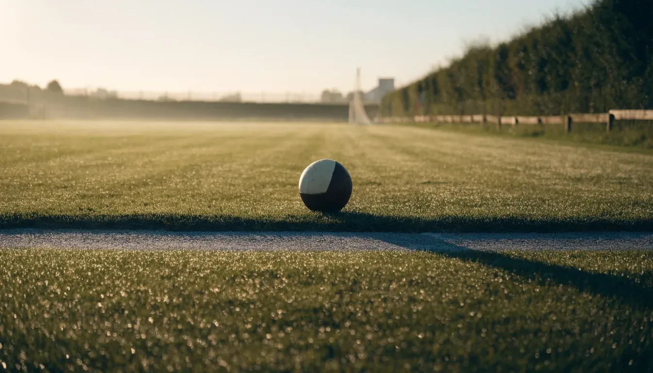 Ein Fussball liegt im Tau auf der Mittellinie eines Dorfplatzes bei Sonnenaufgang, der Rasen glitzert.