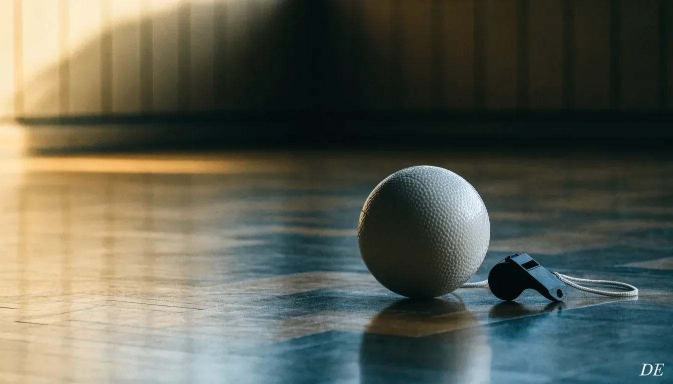 Ein kleiner, schwerer Ball liegt auf glattem Hallenparkett neben einer Trillerpfeife an einer Schnur.