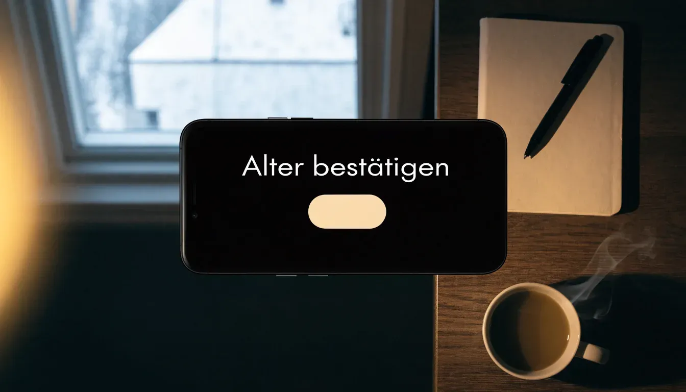 Eine Kaffeetasse und eine Brille stehen auf einem Fensterbrett, draussen fällt Schnee auf ein Dach.