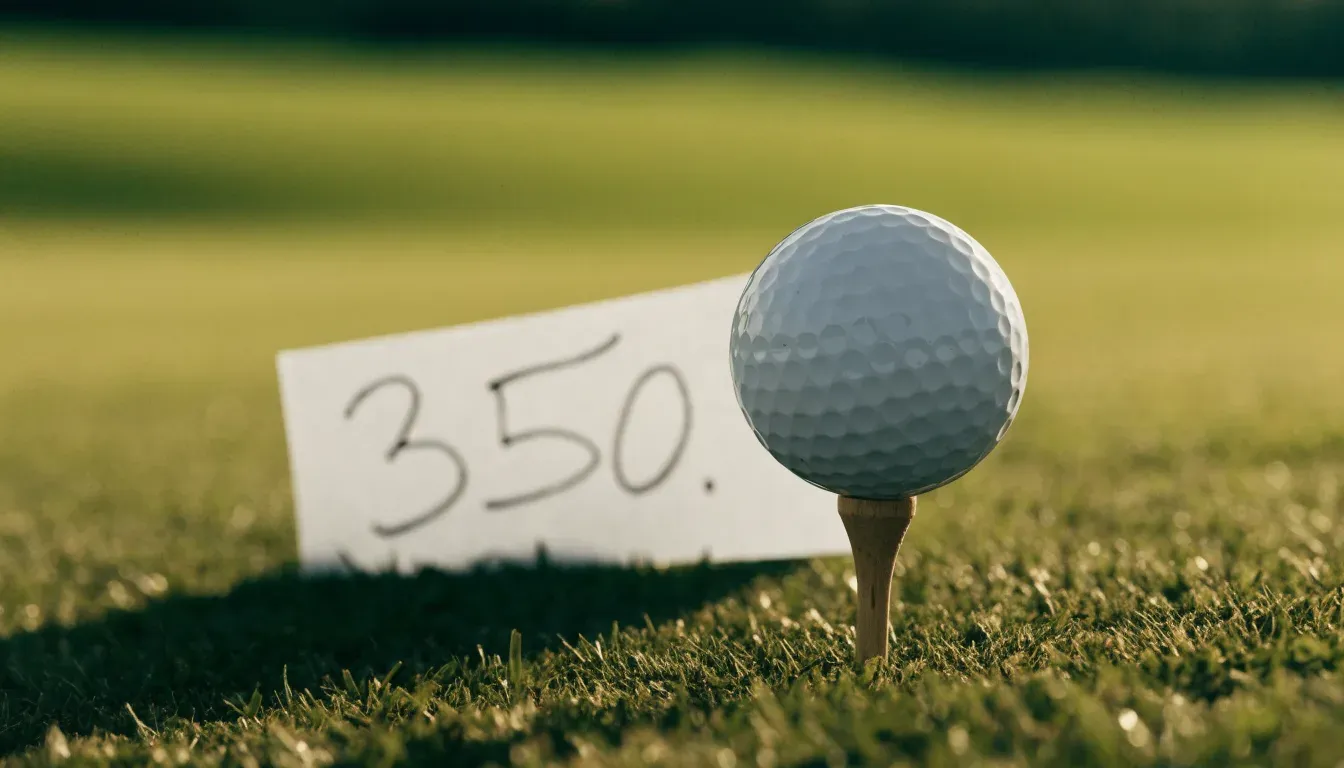Ein Golfball liegt auf einem Holztee im Gras, scharf im Vordergrund, dahinter verschwimmt eine weite Wiese.