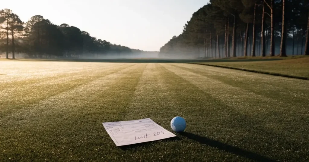 Ein weites Fairway zieht sich im Dunst des frühen Morgens zwischen Föhren hin, Tau liegt auf dem kurzen Gras.