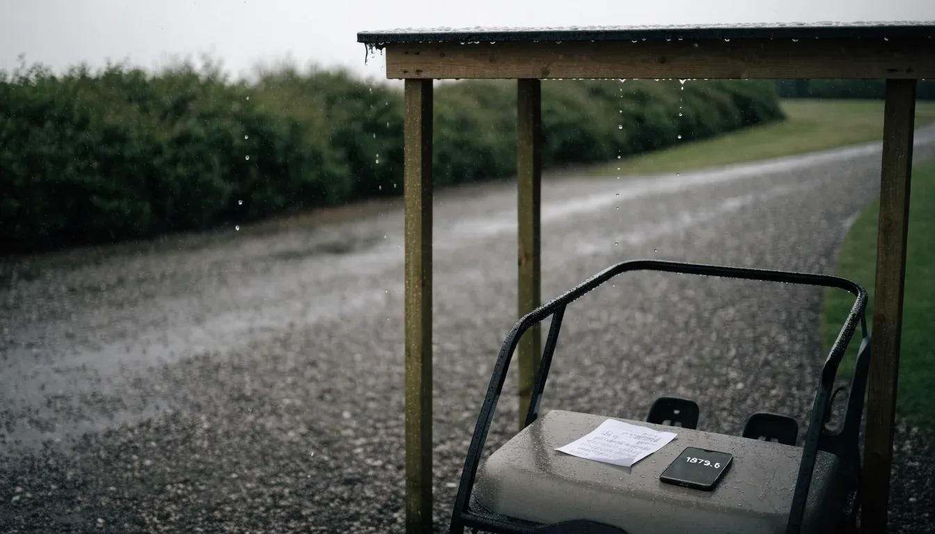Ein leerer Golfwagen steht unter einem Vordach, Regen tropft vom Dachrand auf einen Kiesweg.