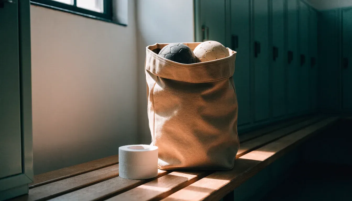 Eine Stofftasche mit Klebeband und zwei Handbällen steht auf einer Bank in einer Umkleide, Licht fällt durch ein kleines Fenster.