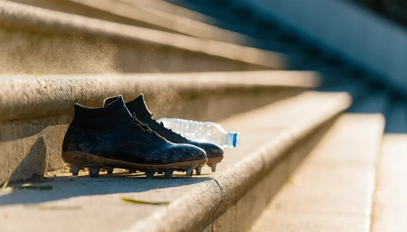 Ein Paar abgetragene Fussballschuhe steht neben einer Wasserflasche auf einer Treppenstufe im Sonnenlicht.
