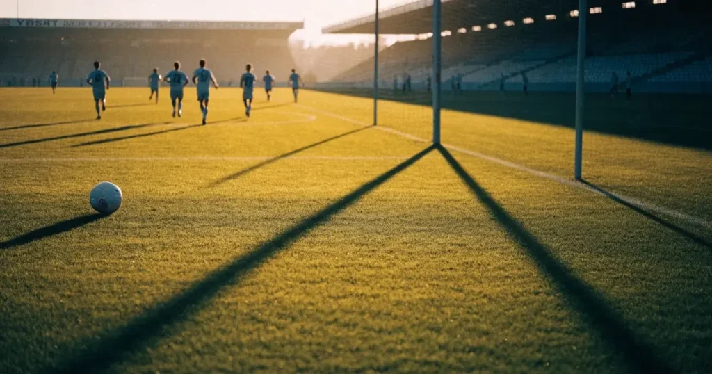 Ein Fussballplatz im Abendlicht mit langen Schatten der Torpfosten, die Rasenfläche leuchtet gelblich.