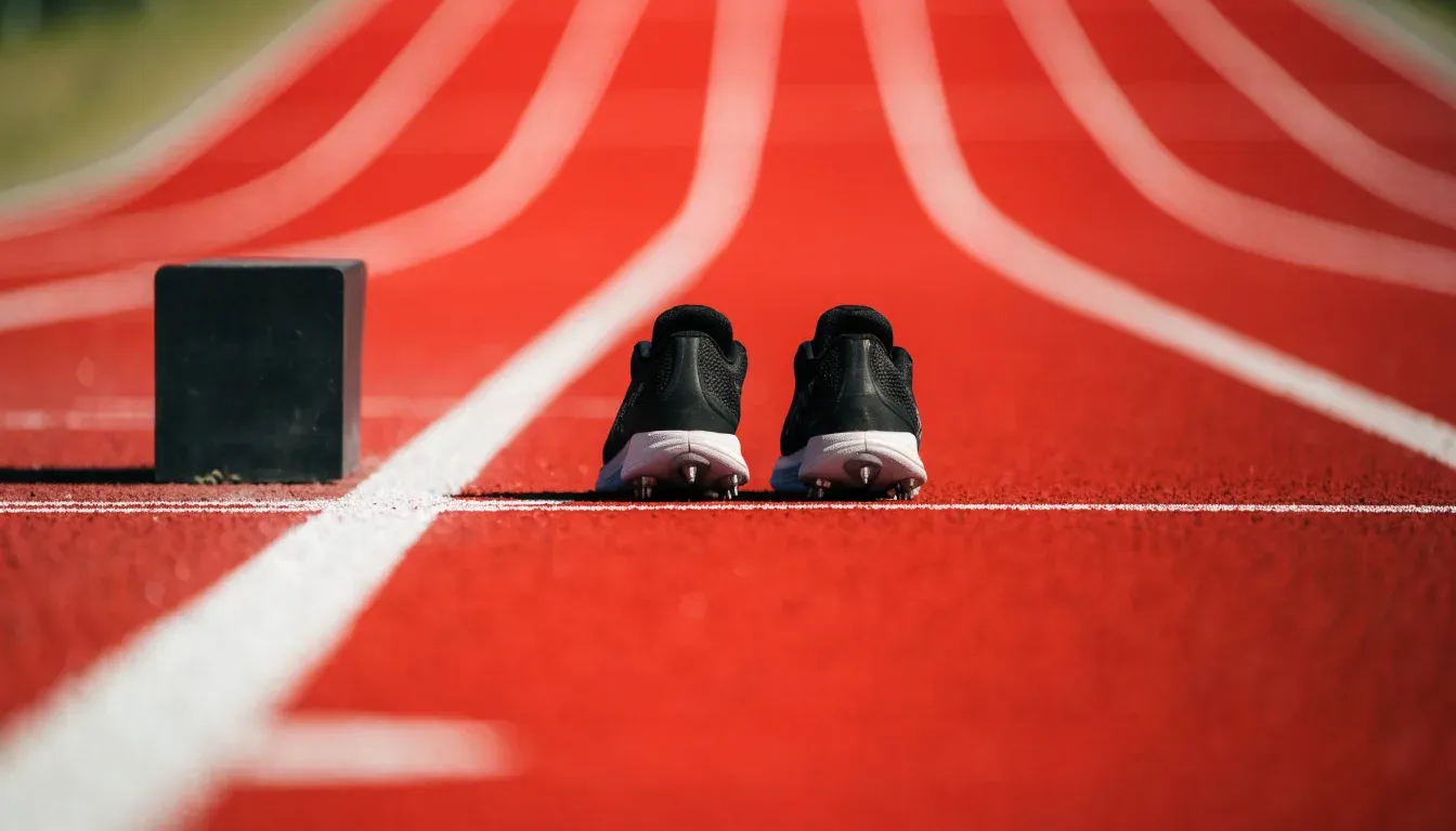 Ein Paar Laufschuhe mit Spikes liegt auf einer Tartanbahn neben einem Startblock, die Linien verlaufen in die Ferne.
