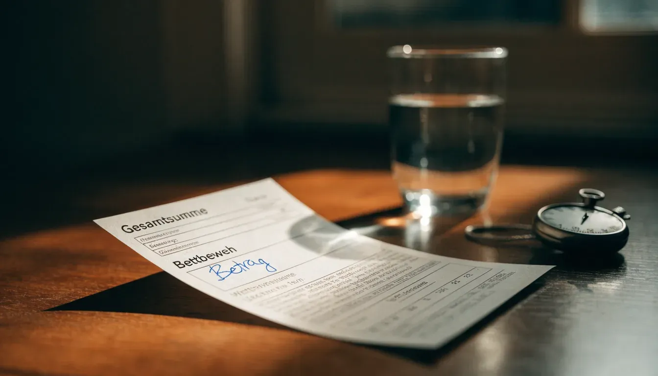 Eine Stoppuhr an einer Schnur liegt auf einem Holztisch neben einem Wasserglas, das Licht ist ruhig.